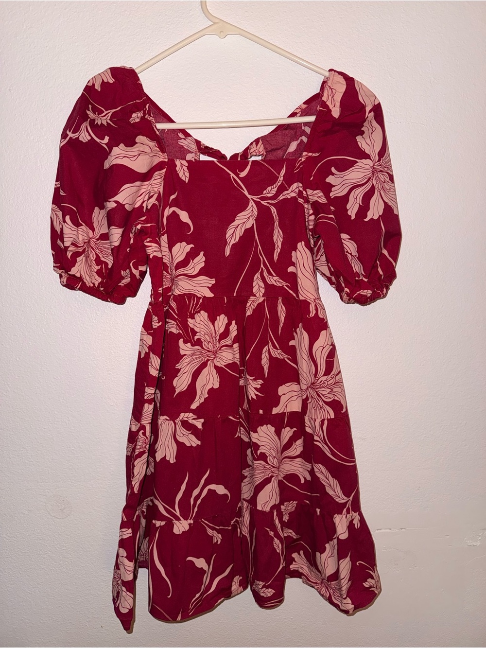 Express XS Red & Pink Floral Puff Sleeve Tiered Mini Dress